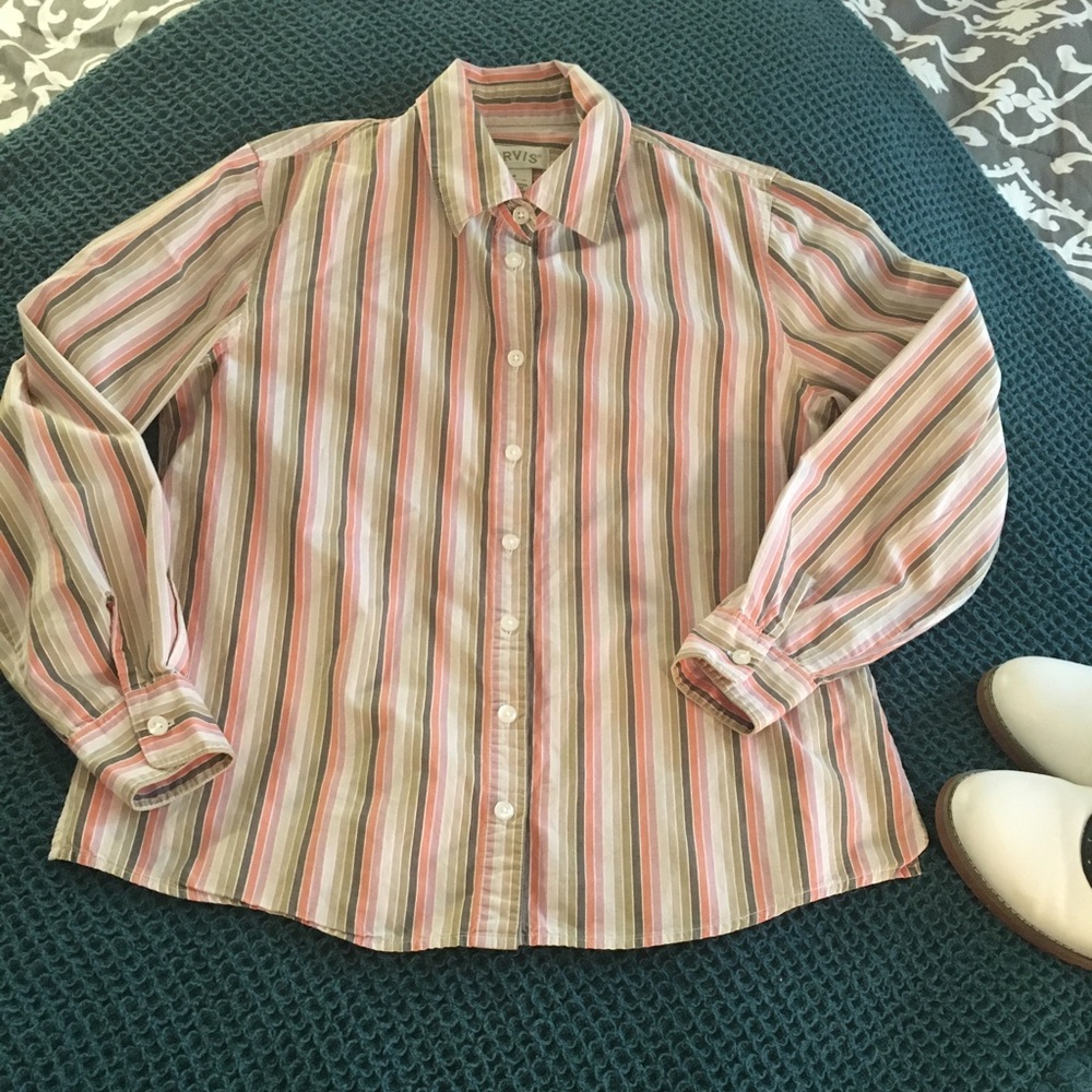 Orvis button down shirt striped pink and brown tones size 4